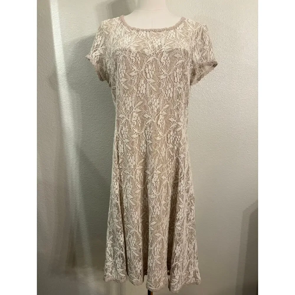 SUNDANCE Dress | Ivory Lace Sweetheart Midi Lined Short Sleeve Romantic | LARGE - Picture 2 of 9